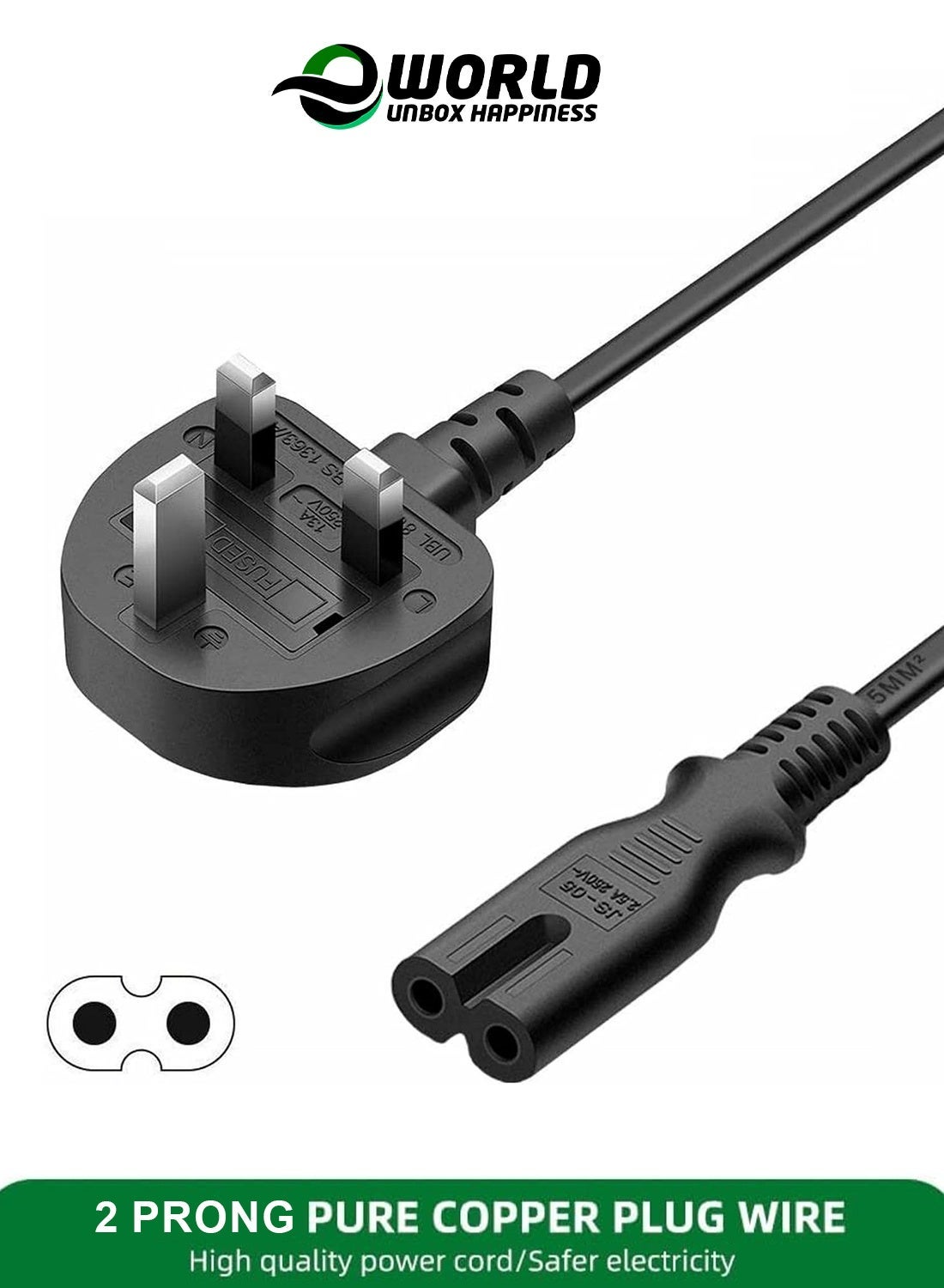 Eworld 2-Prong AC Power Cord Cable with Fuse – Compatible with Samsung, LG, Sony, TCL TVs, HP Printers, PS3/PS4/PS5, Laptops, Sound Bars & More – AC Wall Plug 1.5 Meter